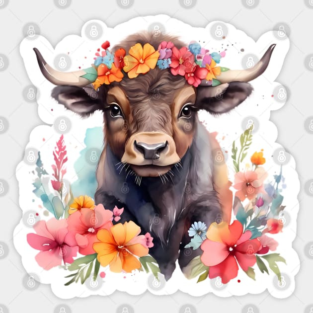 A bull decorated with beautiful watercolor flowers Sticker by CreativeSparkzz